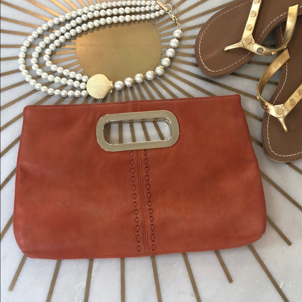 🆕🔥Orange Leather Clutch with Gold Handle